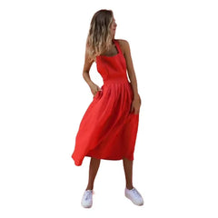 Boho Strappy Backless Solid Color Long Dress - Red / S