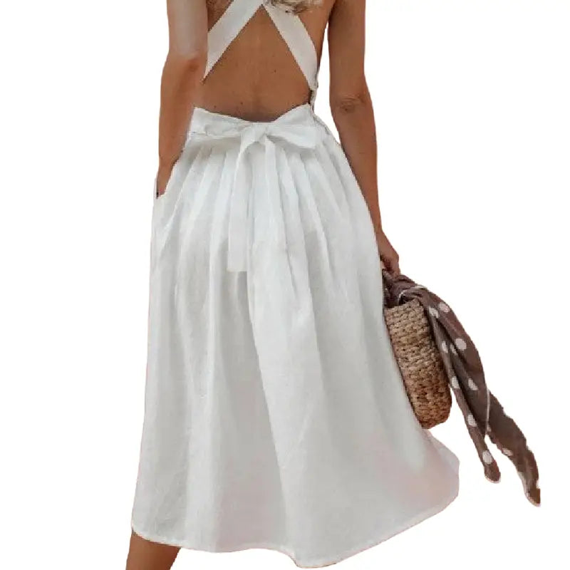 Boho Strappy Backless Solid Color Long Dress - White / S