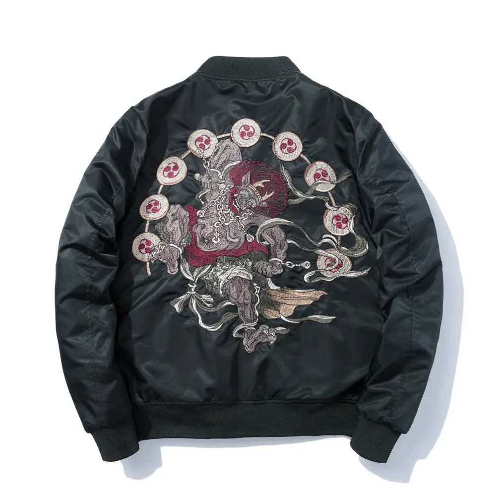 Bomber Jacket with Japanese Demons Embroidered Design Black