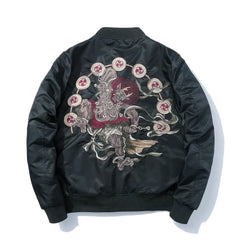 Bomber Jacket with Japanese Demons Embroidered Design Black