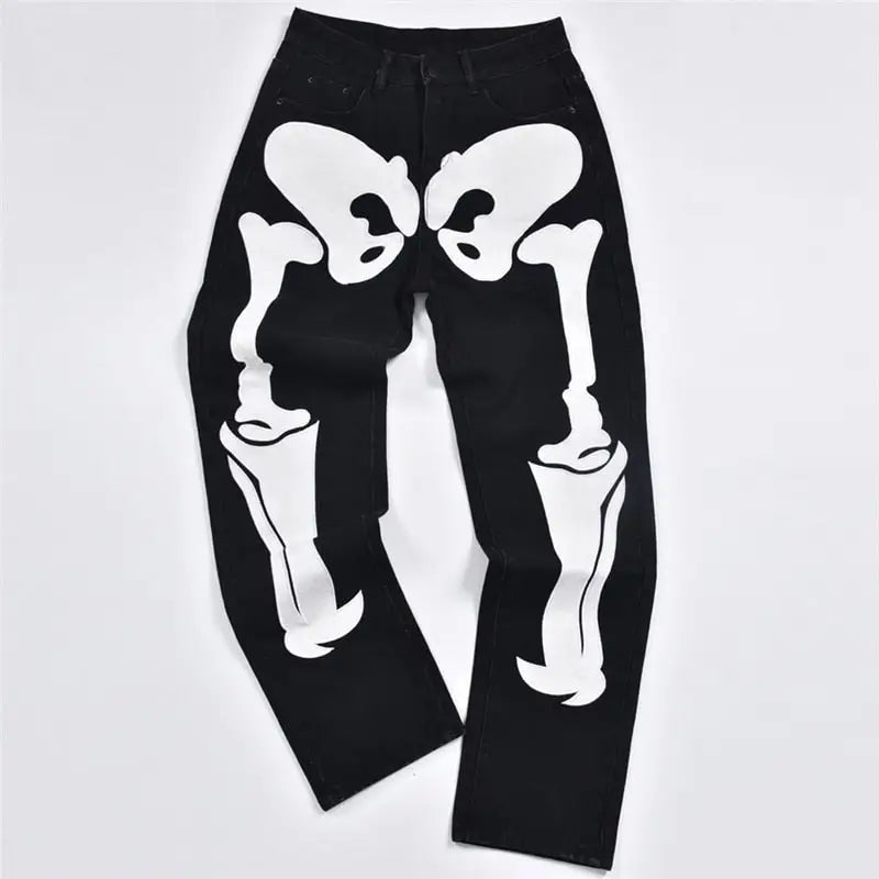 Bones Embroidery Loose Pants for Men and Women Black / S