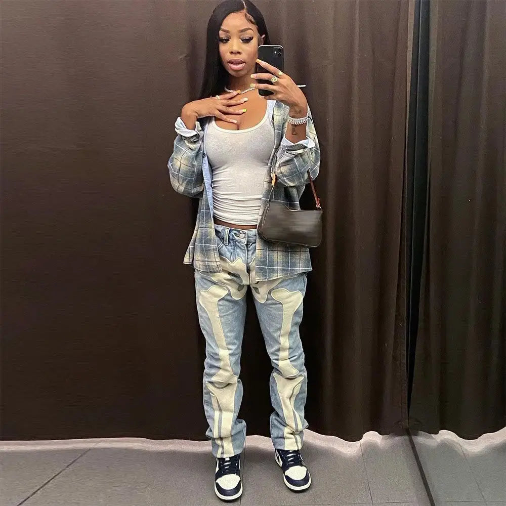 Bones Embroidery Loose Pants for Men and Women Sky Blue / S