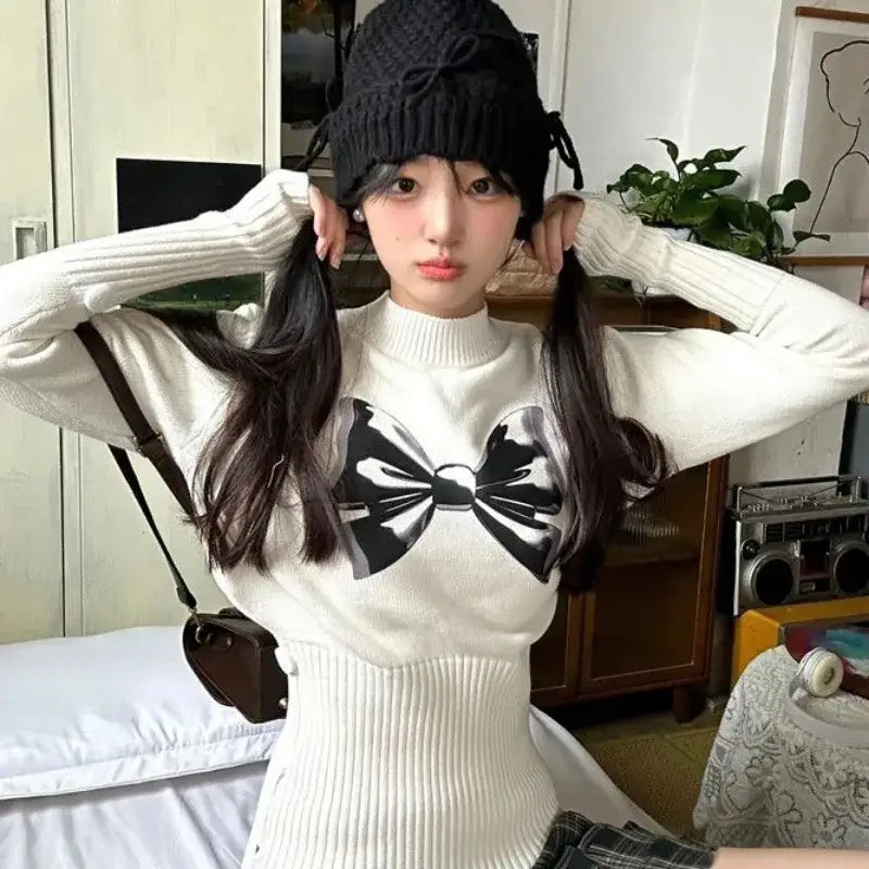 Bow Jacquard Slim Waist Sweater for Women