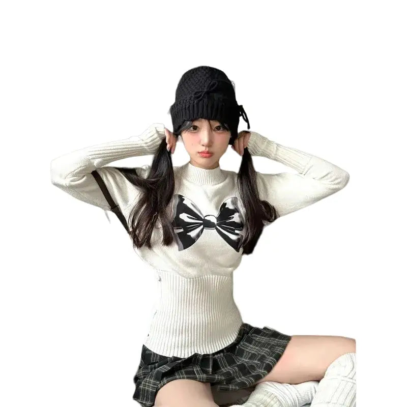 Bow Jacquard Slim Waist Sweater for Women