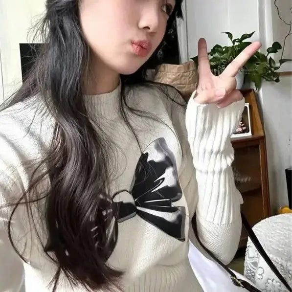 Bow Jacquard Slim Waist Sweater for Women