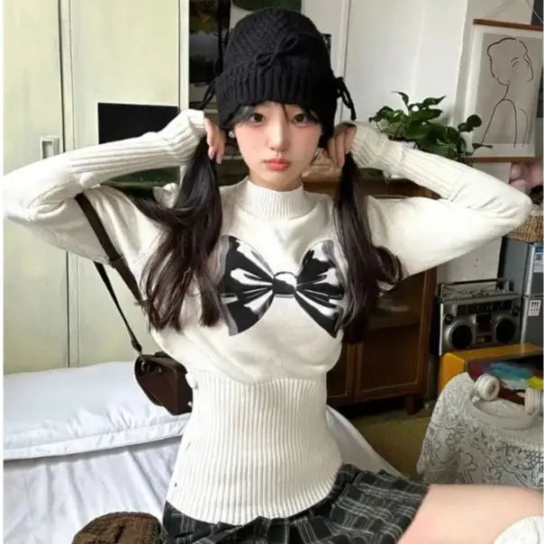 Bow Jacquard Slim Waist Sweater for Women White / XS