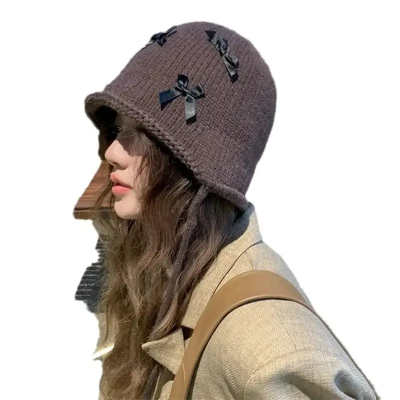 Bow Knitted Lace-up Pullover Beanie Bonnet