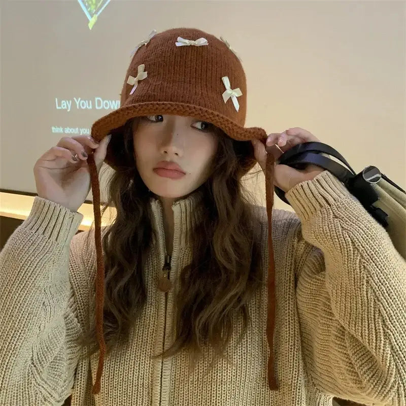 Bow Knitted Pullover Beanie Bonnet with Lace Up Detail