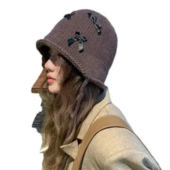 Bow Knitted Pullover Beanie Bonnet with Lace Up Detail