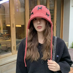 Bow Knitted Pullover Beanie Bonnet with Lace Up Detail