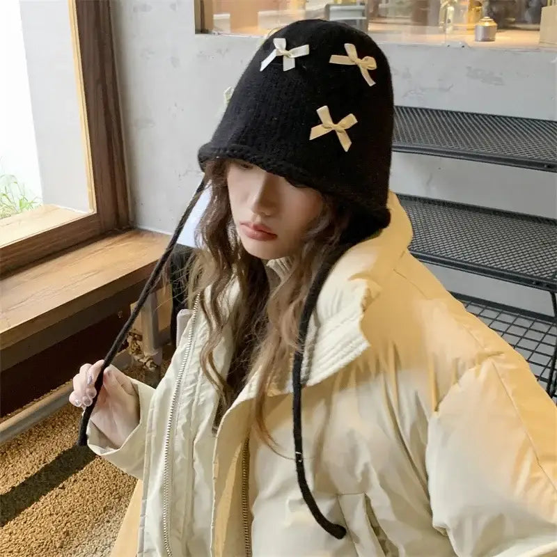 Bow Knitted Pullover Beanie Bonnet with Lace Up Detail Black