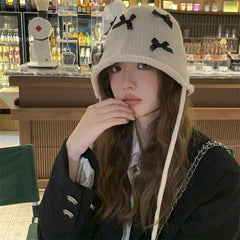 Bow Knitted Pullover Beanie Bonnet with Lace Up Detail