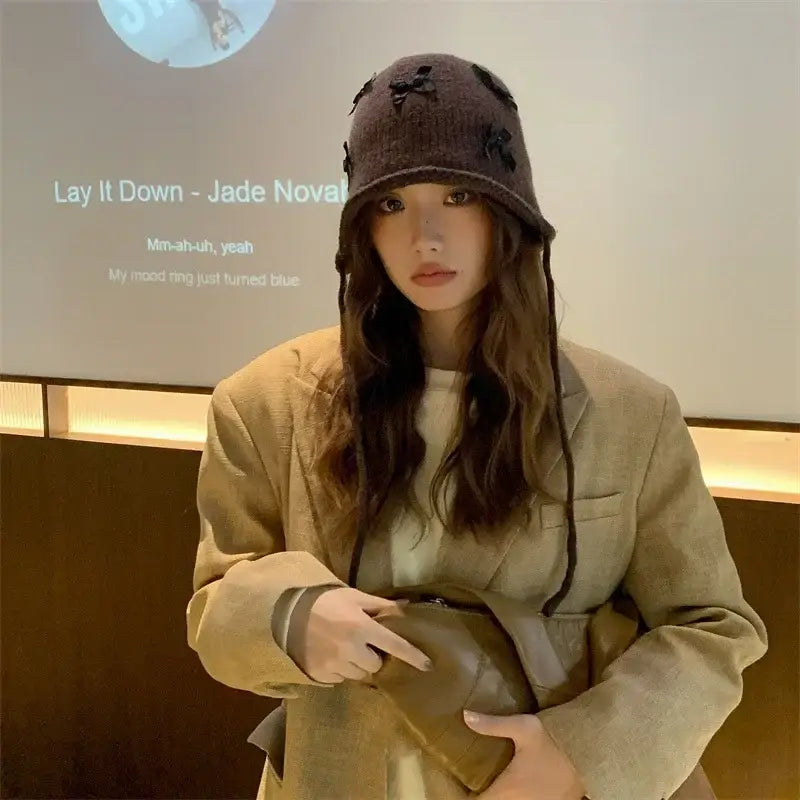 Bow Knitted Pullover Beanie Bonnet with Lace Up Detail Dark