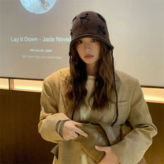 Bow Knitted Pullover Beanie Bonnet with Lace Up Detail Dark