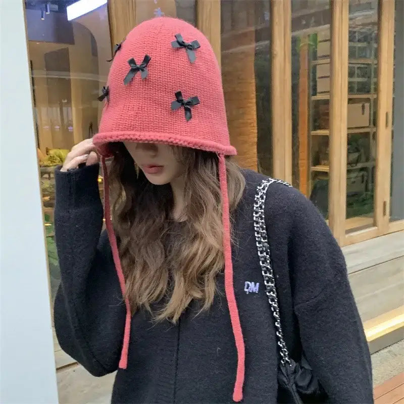 Bow Knitted Pullover Beanie Bonnet with Lace Up Detail