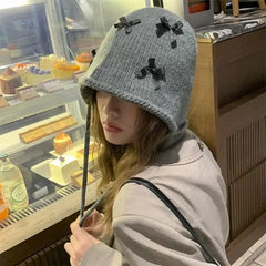 Bow Knitted Pullover Beanie Bonnet with Lace Up Detail Gray