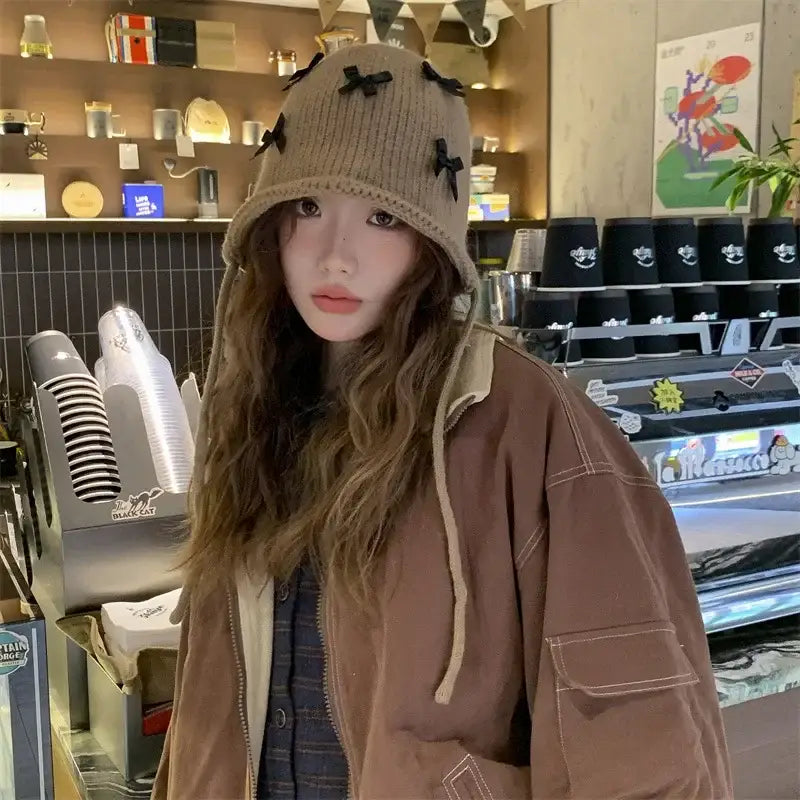 Bow Knitted Pullover Beanie Bonnet with Lace Up Detail Khaki