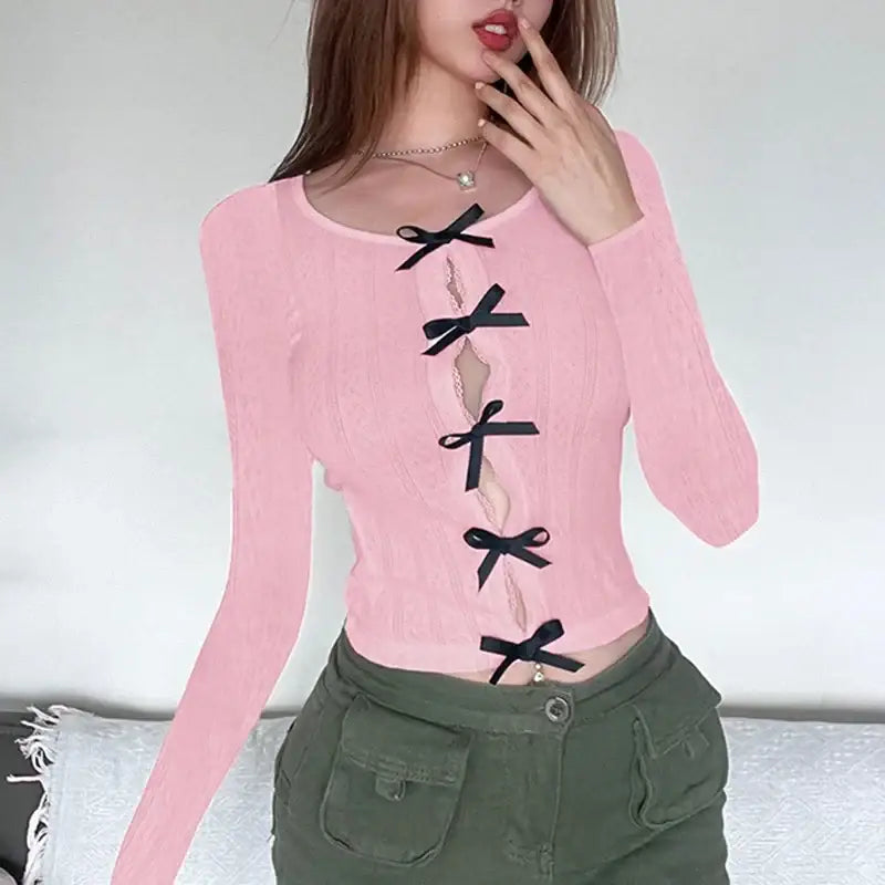 Bow Knitted Slim-fit Knitwear Crochet Sweater