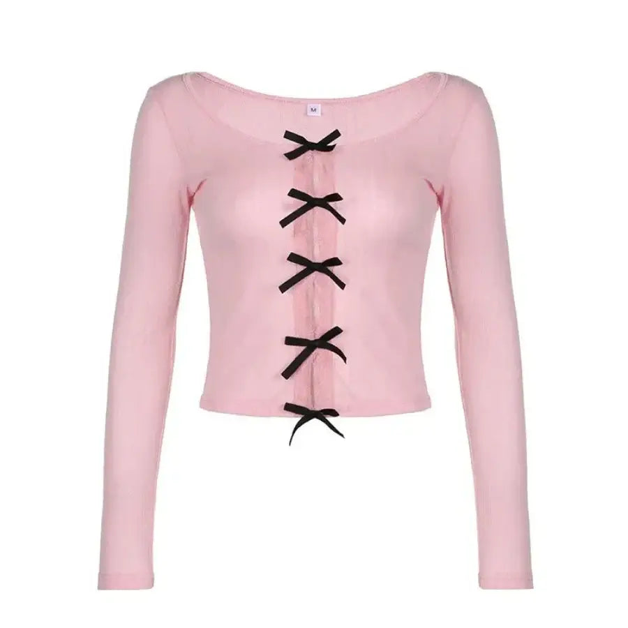 Bow Knitted Slim-fit Knitwear Crochet Sweater - Pink / S