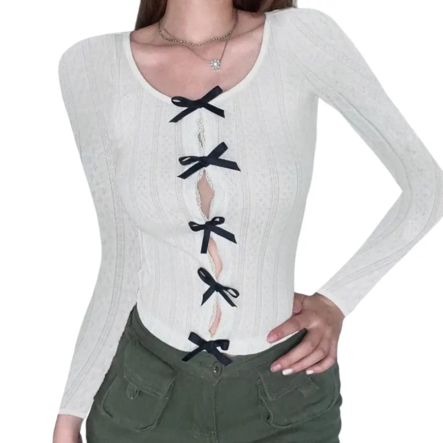 Bow Knitted Slim-fit Knitwear Crochet Sweater - White / S