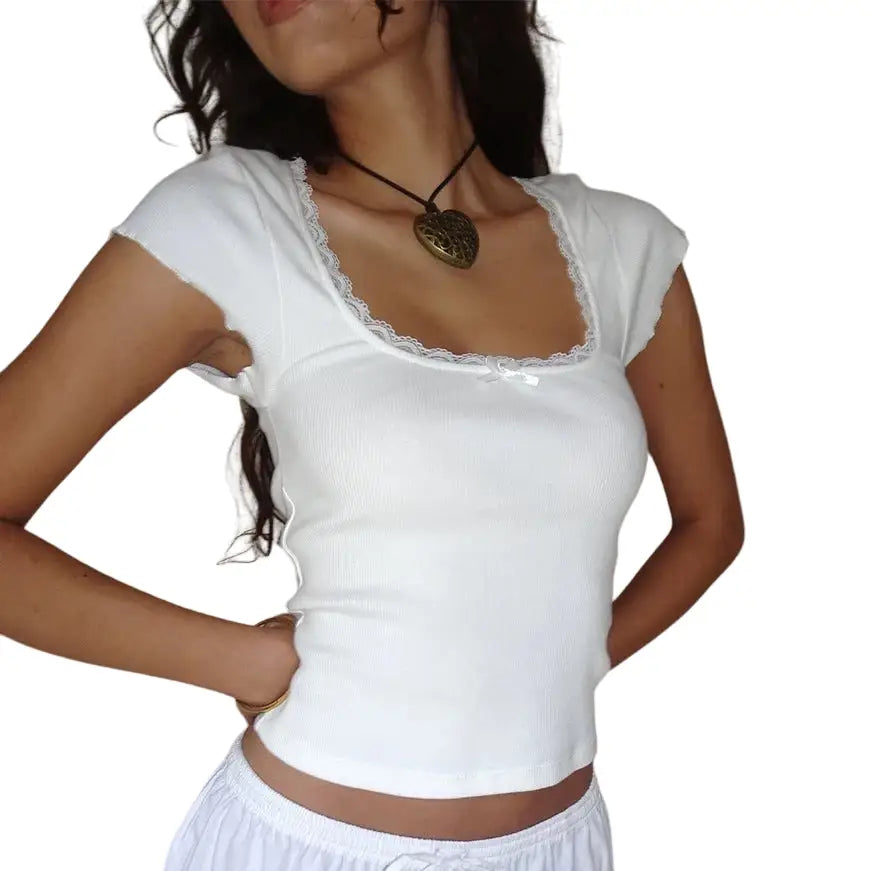 Bow Lace Patchwork Square Neck Short Sleeve Blouse - White