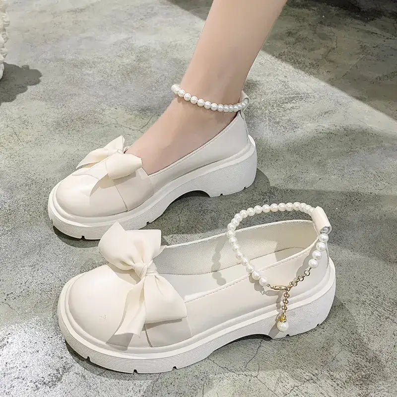 Bow Pearl Chain Thick Platform Shoes