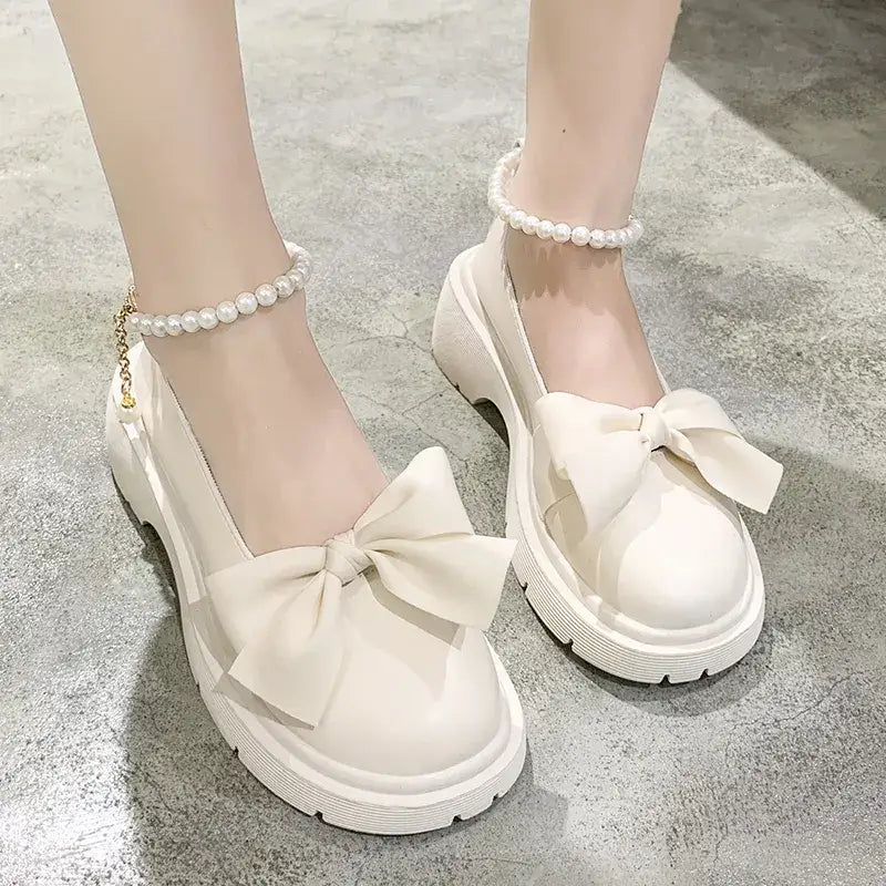 Bow Pearl Chain Thick Platform Shoes - Beige / 35