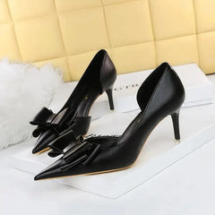 Bow Pointed Toe Short Heels for Women Euro Size Black / 34