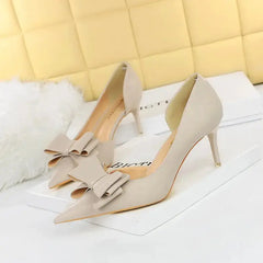 Bow Pointed Toe Short Heels for Women Euro Size Grey / 34