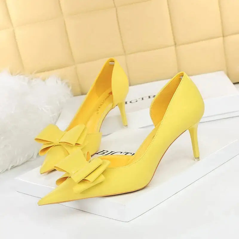 Bow Pointed Toe Short Heels for Women Euro Size Yellow / 34