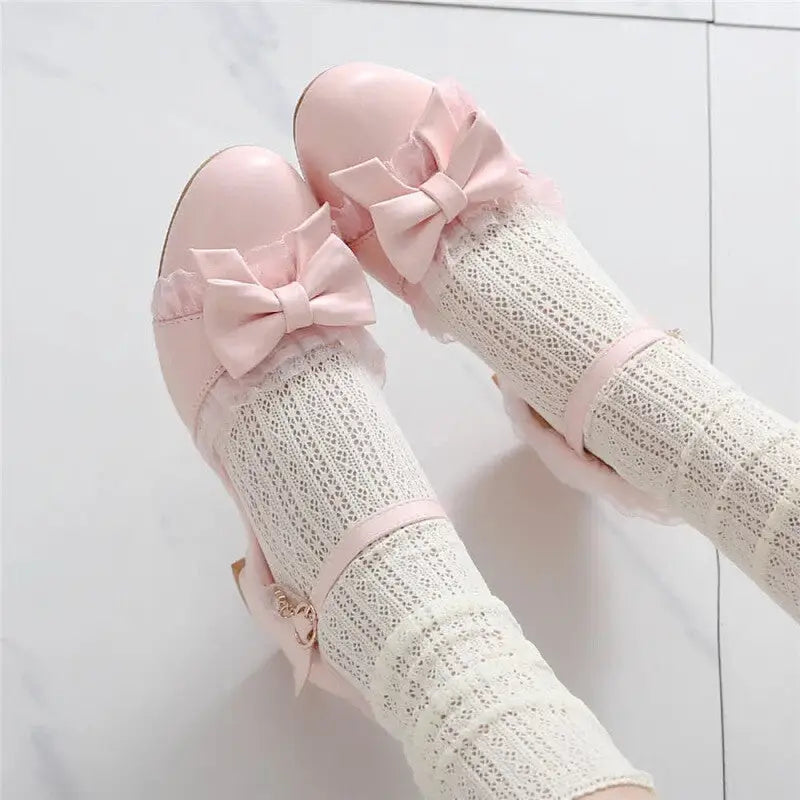 Bow Ruffle Square Heel Sandals Buckle Up Euro Size