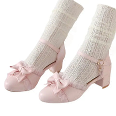 Bow Ruffle Square Heel Sandals Buckle Up Euro Size