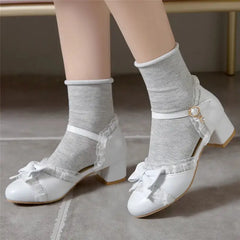 Bow Ruffle Square Heel Sandals Buckle Up Euro Size