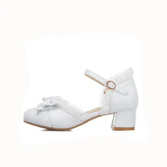 Bow Ruffle Square Heel Sandals Buckle Up Euro Size White