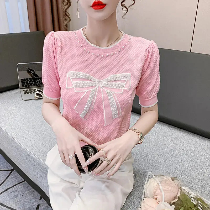 Bowknot O Neck Short Sleeve Knitted Slim Thin Top T Shirt