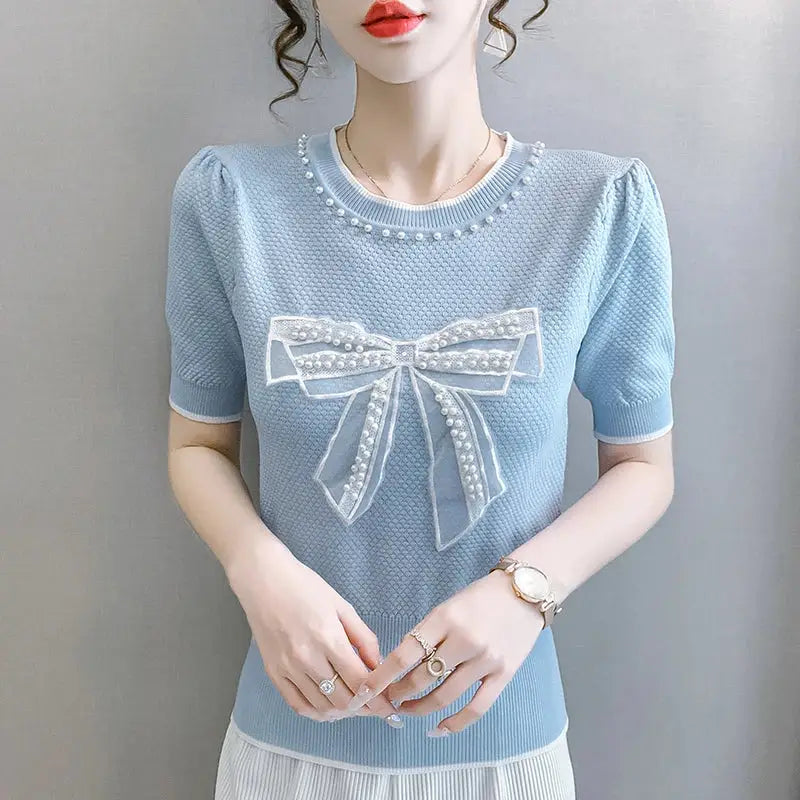 Bowknot O Neck Short Sleeve Knitted Slim Thin Top T Shirt