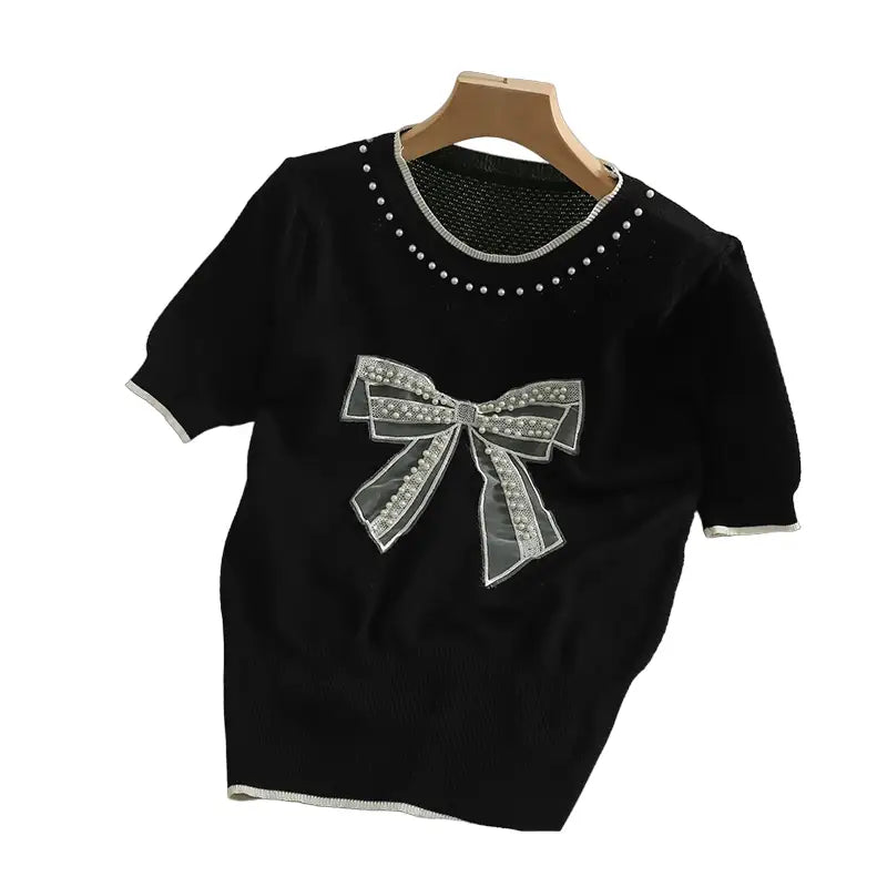 Bowknot O Neck Short Sleeve Knitted Slim Thin Top T Shirt