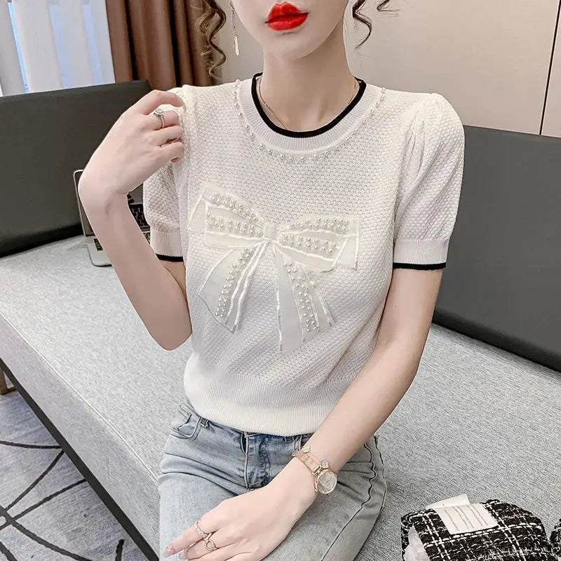 Bowknot O Neck Short Sleeve Knitted Top