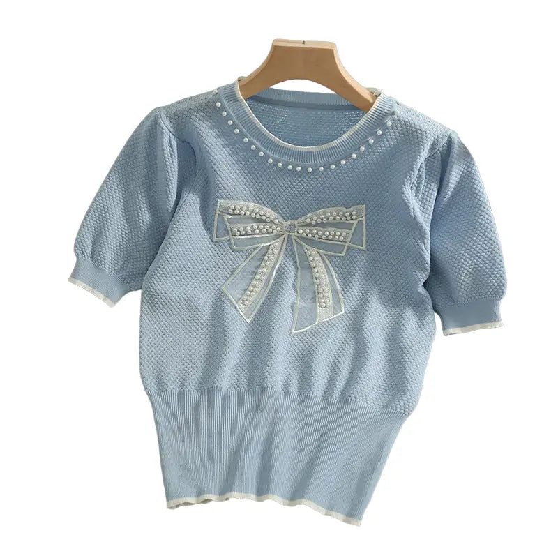 Bowknot O Neck Short Sleeve Knitted Top Blue / One Size