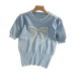 Bowknot O Neck Short Sleeve Knitted Top Blue / One Size