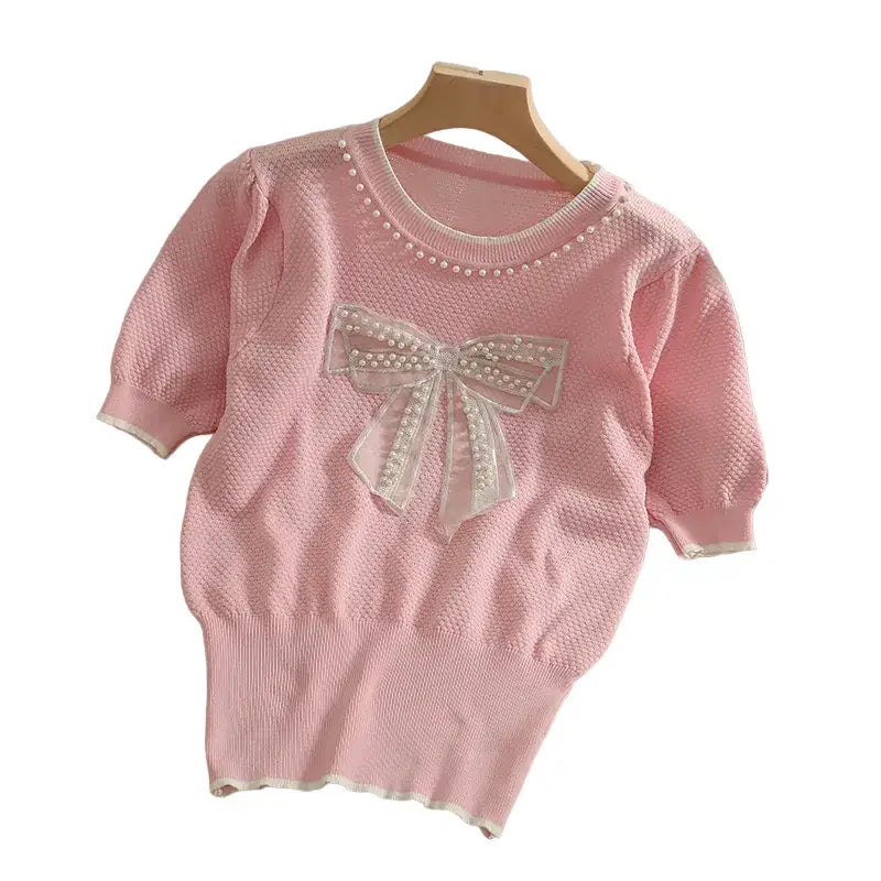 Bowknot O Neck Short Sleeve Knitted Top Pink / One Size