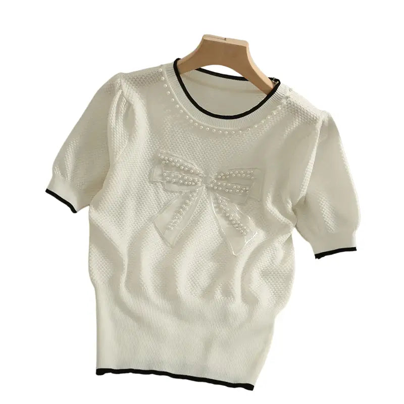 Bowknot O Neck Short Sleeve Knitted Top White / One Size
