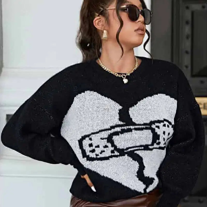 Broken Heart Band Aid O Neck Oversized Sweater