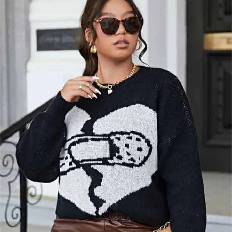 Broken Heart Band Aid Oversized O Neck Sweater