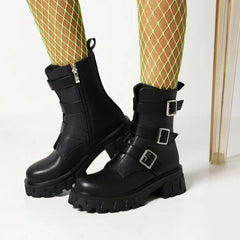 Buckle And Zipper Chunky Heel Boots