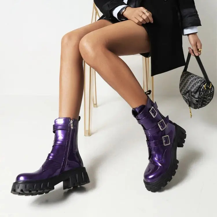 Buckle and Zipper Chunky Heel Boots Euro Size