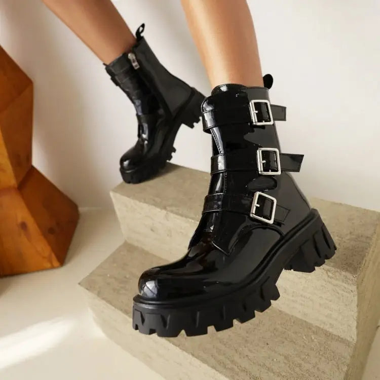 Buckle and Zipper Chunky Heel Boots Euro Size