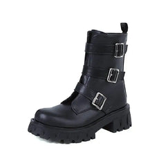 Buckle and Zipper Chunky Heel Boots Euro Size Matte Black
