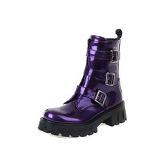 Buckle and Zipper Chunky Heel Boots Euro Size Purple