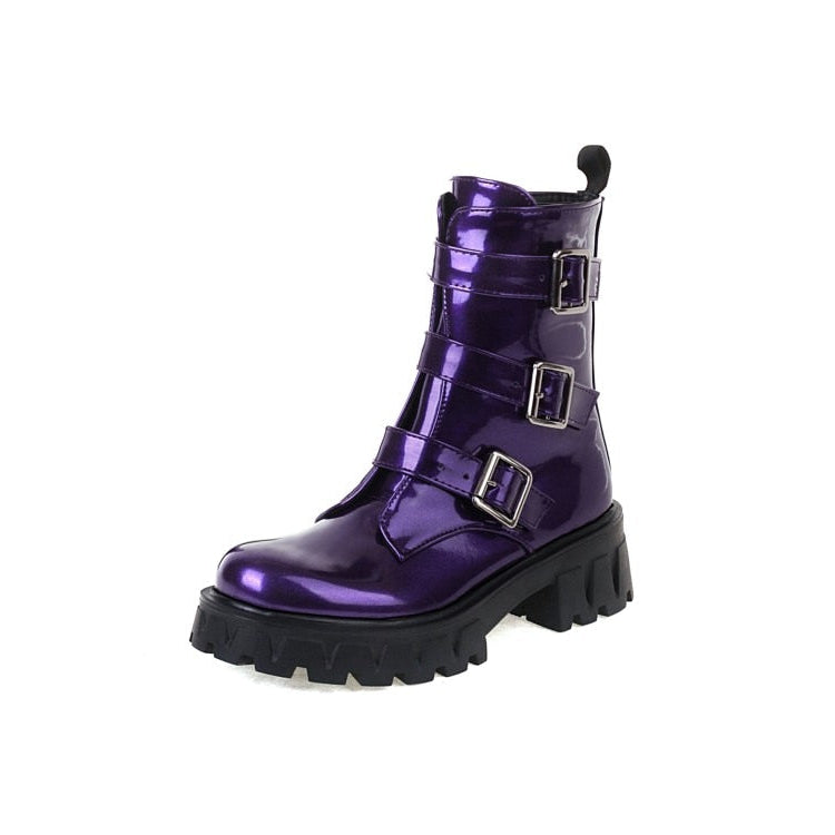 Buckle And Zipper Chunky Heel Boots - Purple Martins / 4